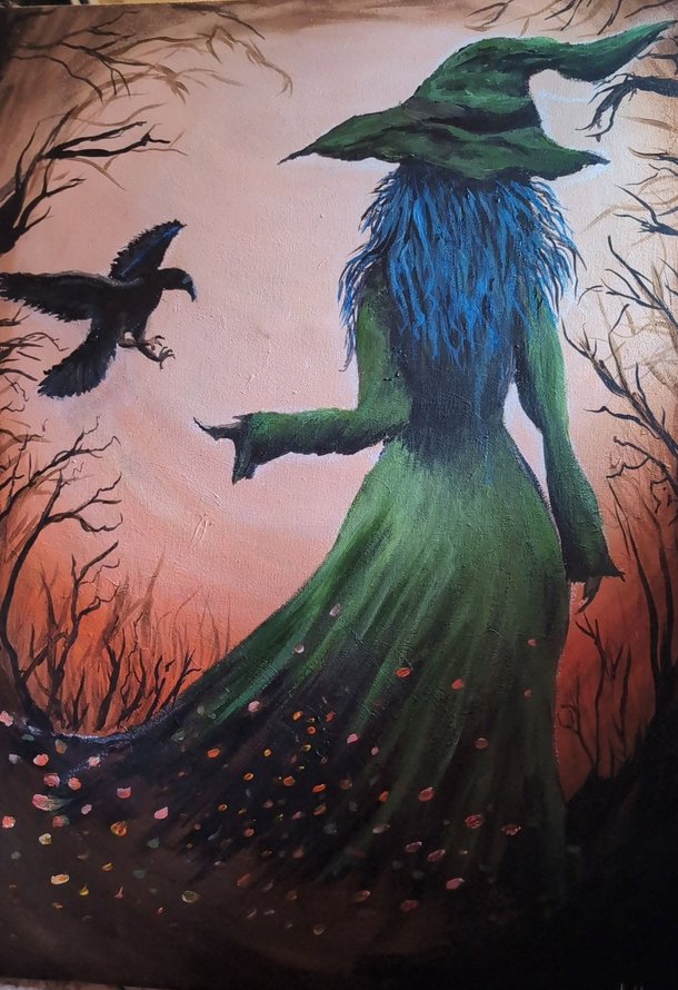 Witch and crows painting at sunset